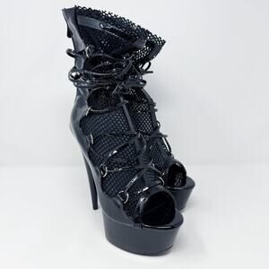NWOB Ellie Black Patent Leather & Mesh Platform Stilettos Women's Size 7 Lace Up
